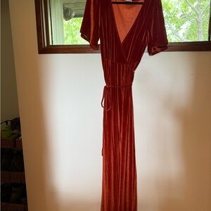 Elegant Rust Velvet Wrap Dress